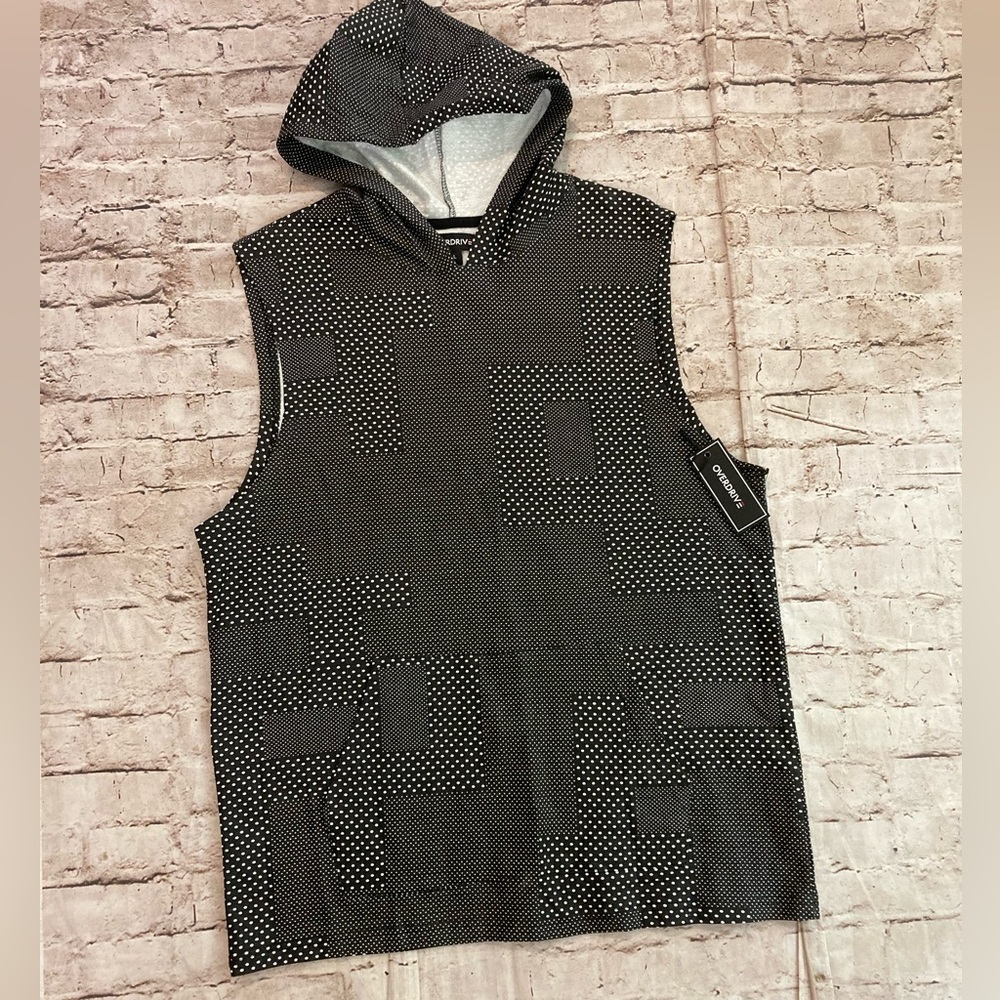 🔥 NWT Overdrive black/white polkadots sleeveless hoodie pullover top size L